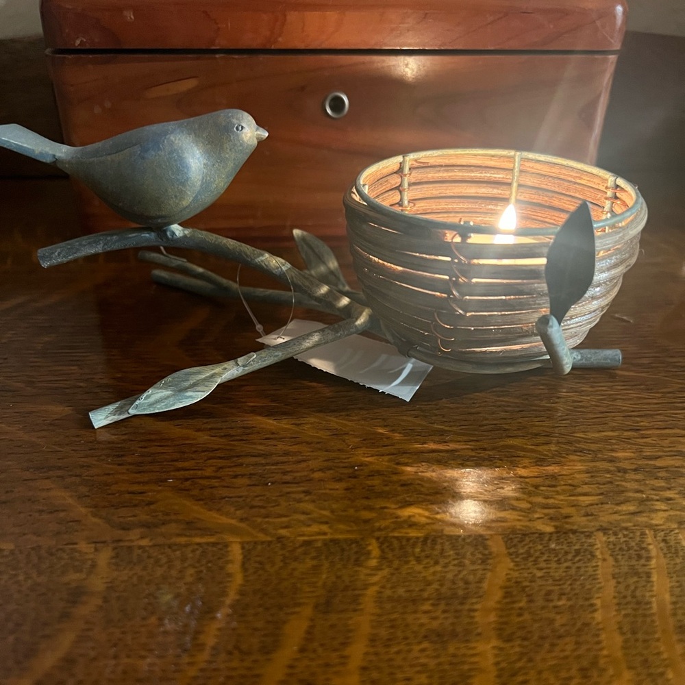 Metal Bird Candle Holder - metal is Green gray with brown nest/ holder